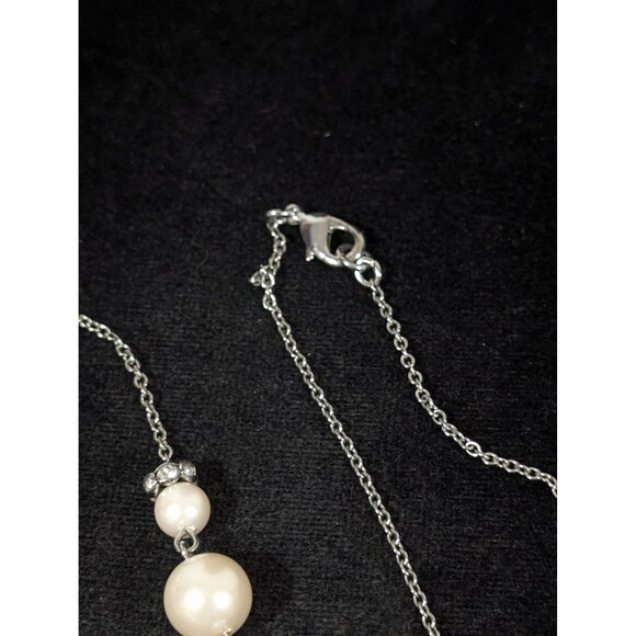 Retro White Faux Pearl Station Chain Rhinestone Long Layering Necklace 34" - Picture 6 of 7